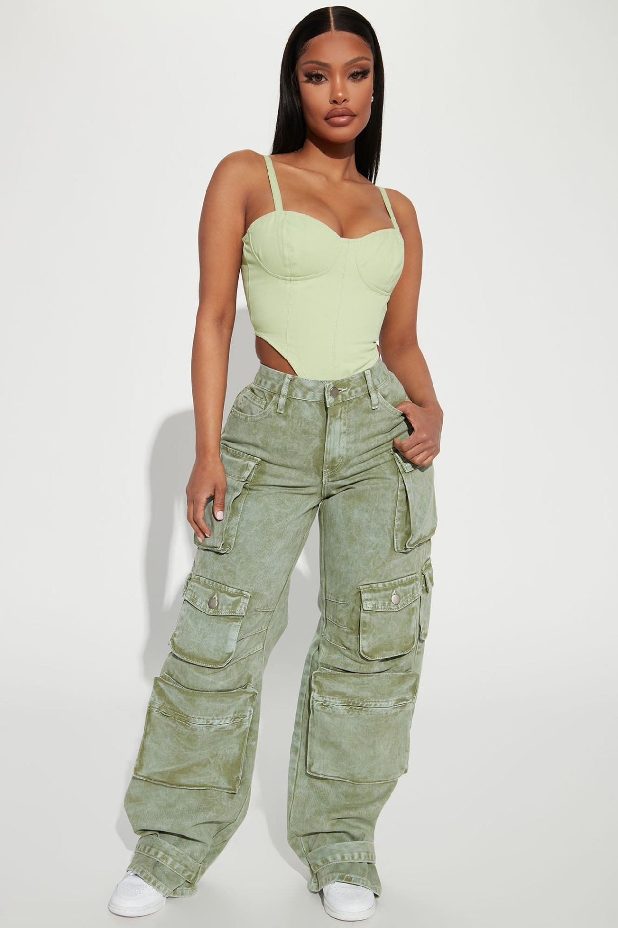 fashion nova cargo pants Niche Utama Home Billie Low Slung Cargo Jeans - Green